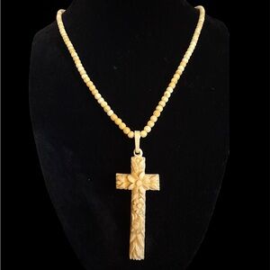 Antique Museum Quality Hand Carved Bovine Bone Flower Cross Pendant Necklace